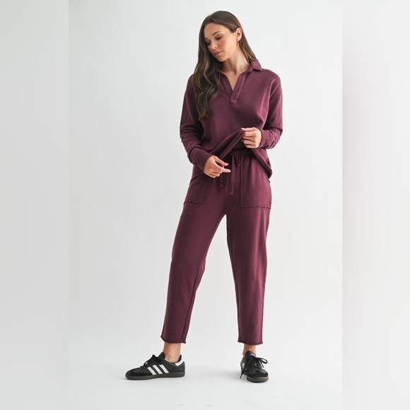 Dark Plum 100% Cotton Long Sleeve Henley Long Sleeve V-Neck Top - Picture 4 of 5